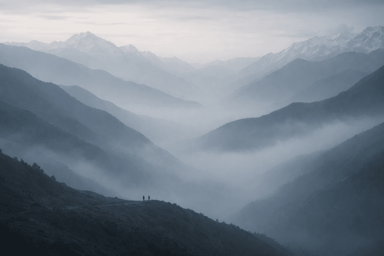 A founding team walking out of Manang at dawn.
